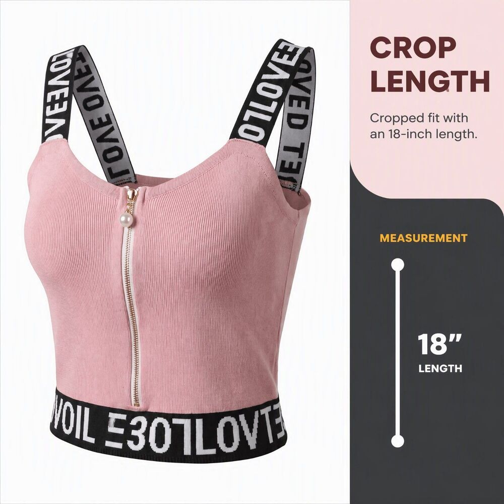Pink Ribbed Knit LOVE Strap Zip Front Crop Top Y2K Pearl Detail 32" Bust